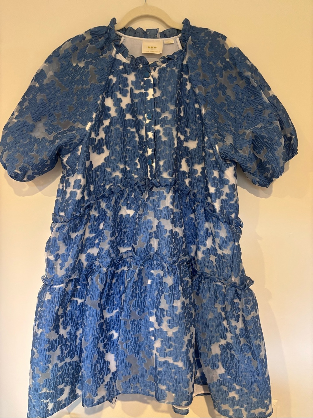 Anthropologie - Maeve Jacquard Tierd Blue Tiered Puff-Sleeve Dress